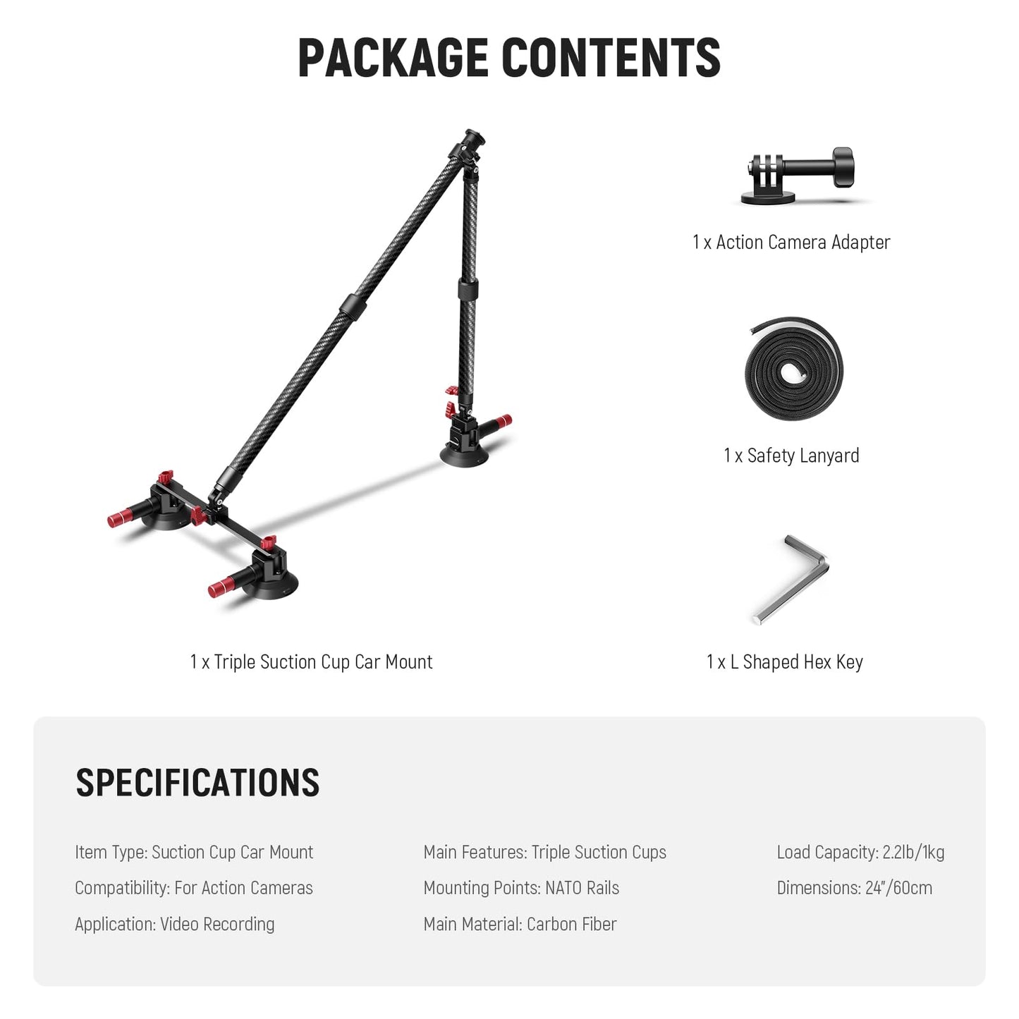 NEEWER Triple Suction Cup Car Mount Kit, Carbon Fiber Camera Mount with Action Camera Adapter, NATO Rail & 24"/60cm Extension Pole Compatible with GoPro Insta360, 2.2lb/1kg Max Load, CA136
