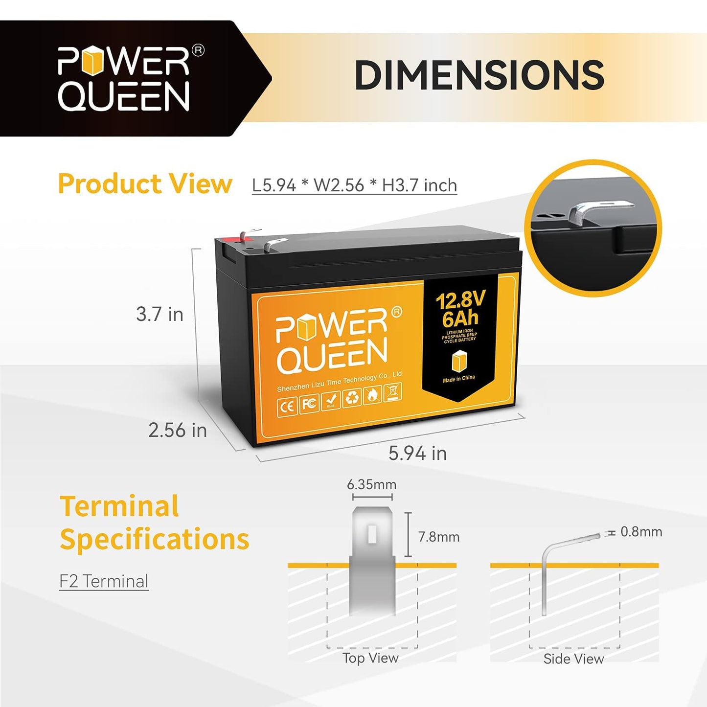 Power Queen 12.8V 6Ah LiFePO4 Battery, IP65 Protection Class, Deep Cycle Battery with Built-in 6A BMS, 4000+ Deep Cycles, Low Self-Discharge Rate, Perfect for Power Tools, Marine Boats, Fish Finder