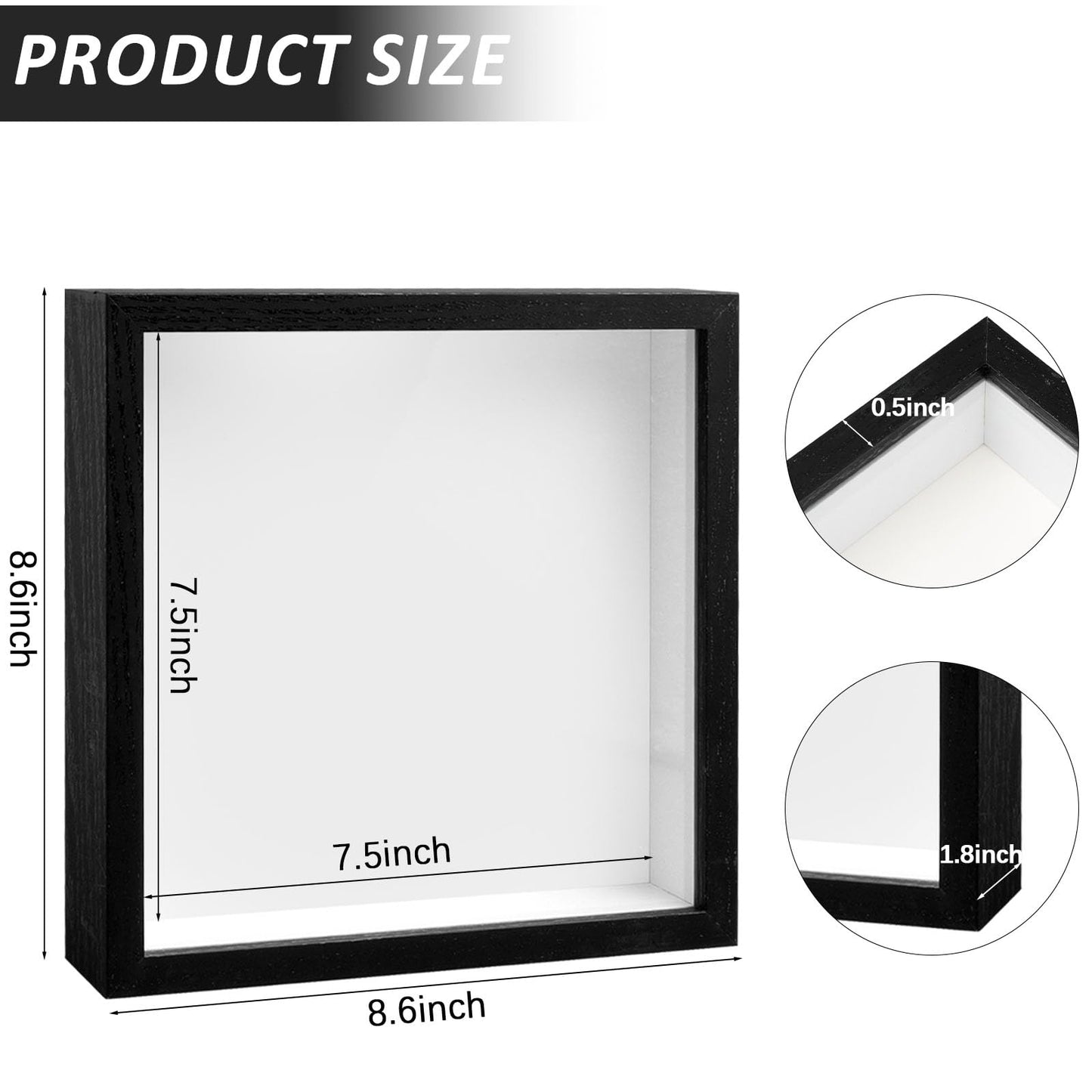 6 Pieces 8 x 8 Inches Shadow Box Frame Black Wood Shadow Boxes Display Cases, 1.2 Inch Interior Depth Shadow Box for Wall and Tabletop Display Ideal for Memorabilia, Pictures, Flowers, Medals, Tickets