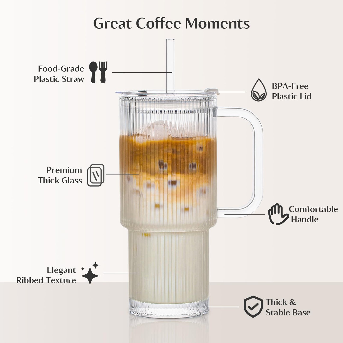 INSETLAN 26oz Ribbed Glass Tumbler with Handle & Lid – 2-Pack Large Iced Coffee Cups with Straws, Modern Glass Mug for Cold & Hot Beverages, Aesthetic Travel Cup for Smoothies, Tea, and Juice