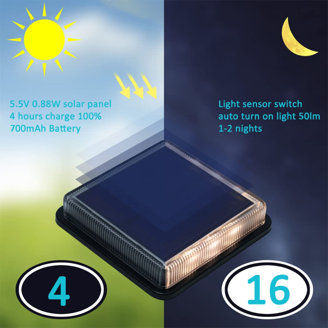 Solar Deck Lights, Outdoor Patio Garden Ground Pathway Driveway Walkway Lighting, Solar Powered Outside Stairs Step Lights Waterproof, auto On/Off Warm White - Square - 4 Pack