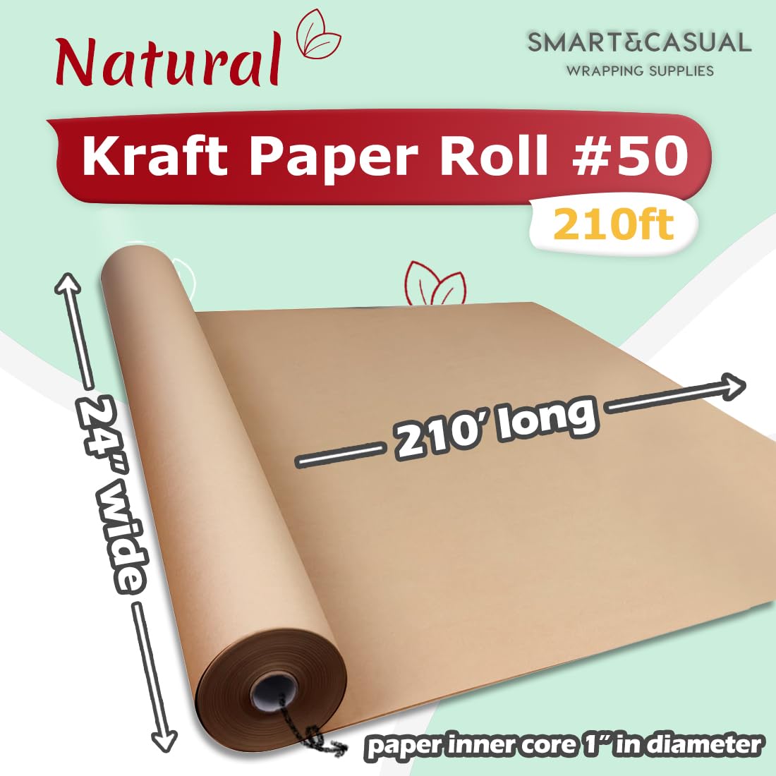 SMART&CASUAL 24" x 2,520" (210') Brown Kraft Craft Paper Roll for Gift Wrapping Bulletin Board Bouquet Flower Art Packing Parcel Table Covering 70GSM 50LB (Brown, 24" x 210')