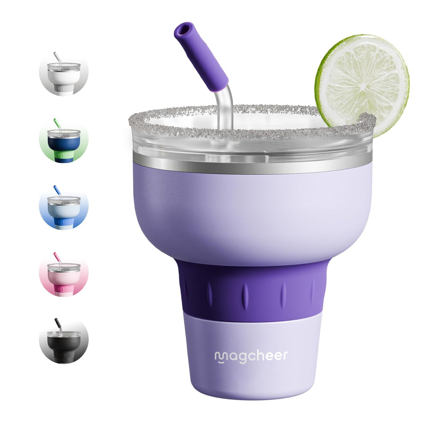Magcheer 16 oz Cocktail Tumbler with Lid and Straw - Stainless Steel Insulated Margarita Tumbler - 320° Sippable Stemless Wine Cup for Party | Purple
