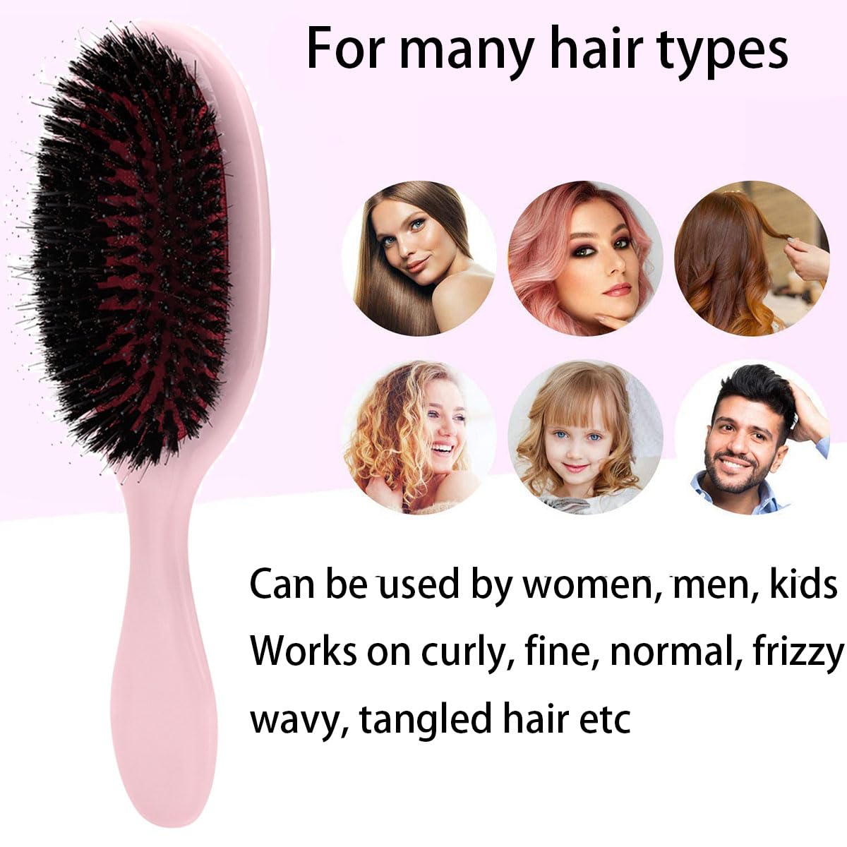 Boar Bristle Detangling Paddle Hair Brush for Curly Fine Wavy Natural Hair, Anti-frizz Detangler Brush Boar Nylon Mixed Bristle Styling Hairbrush for Women and Men