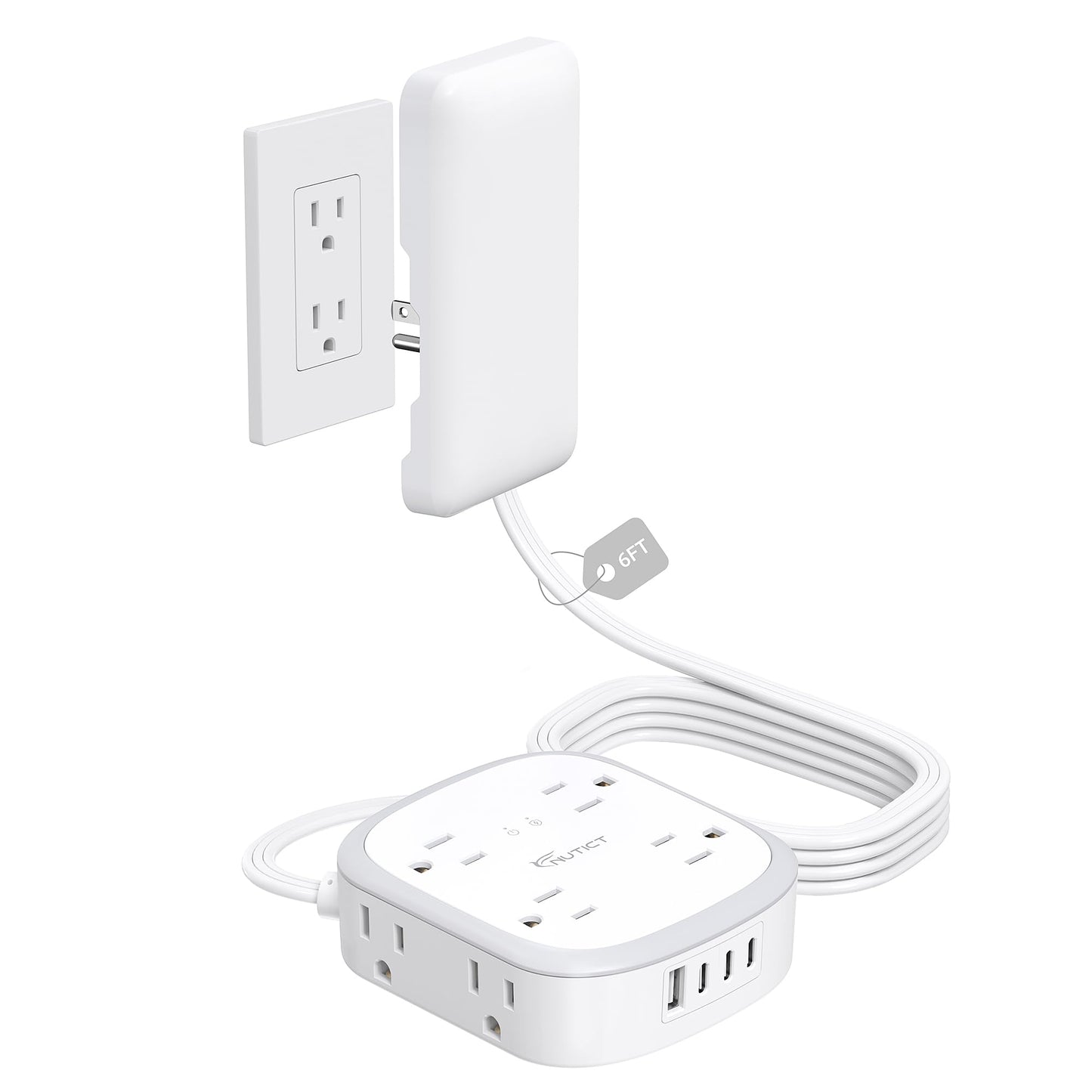 Outlet Cover Extension Cord Flat 6ft, NUTICT Flat Plug Power Strip with 8 Outlets & 3 USB-C & 1 USB-A Port, 13A/1625W, 1440J Surge Protector, Indoor 3 Prong Flat Wall Plug for Tight Spaces, White