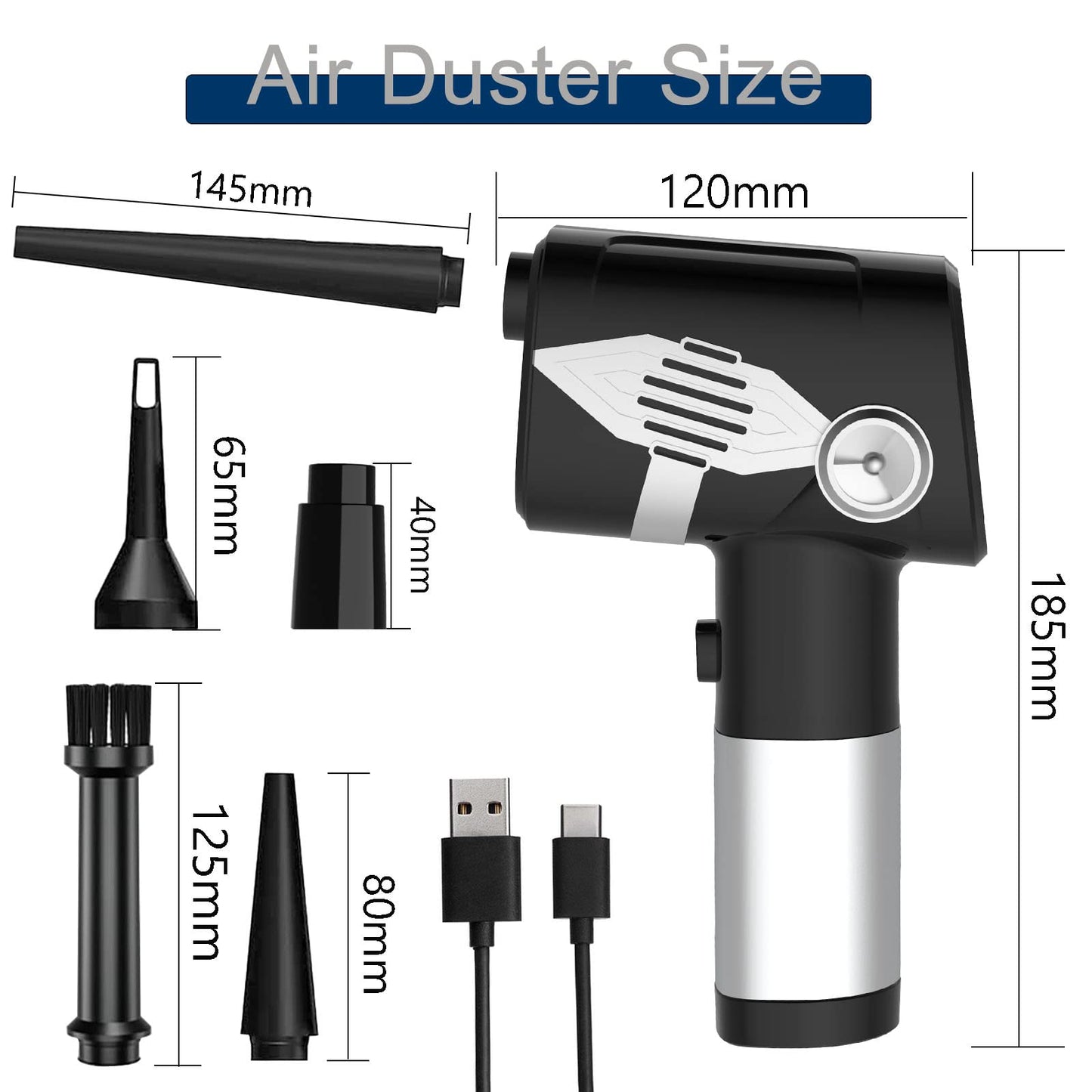 Compressed Air Duster - Powerful Electric Air Duster 40000RPM for Cleaning Keyboard, PC & Camera, 3 Gears Adjustable Rechargeable Cordless Jet Dry Blower Air Blower for Office & Home