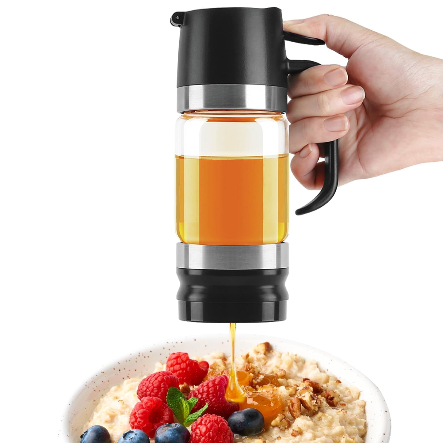 AELGA Honey Dispenser No Drip with Bottom Release Valve, Effortless One-Hand Press Honey Jar for Honey, Maple Syrup, Black