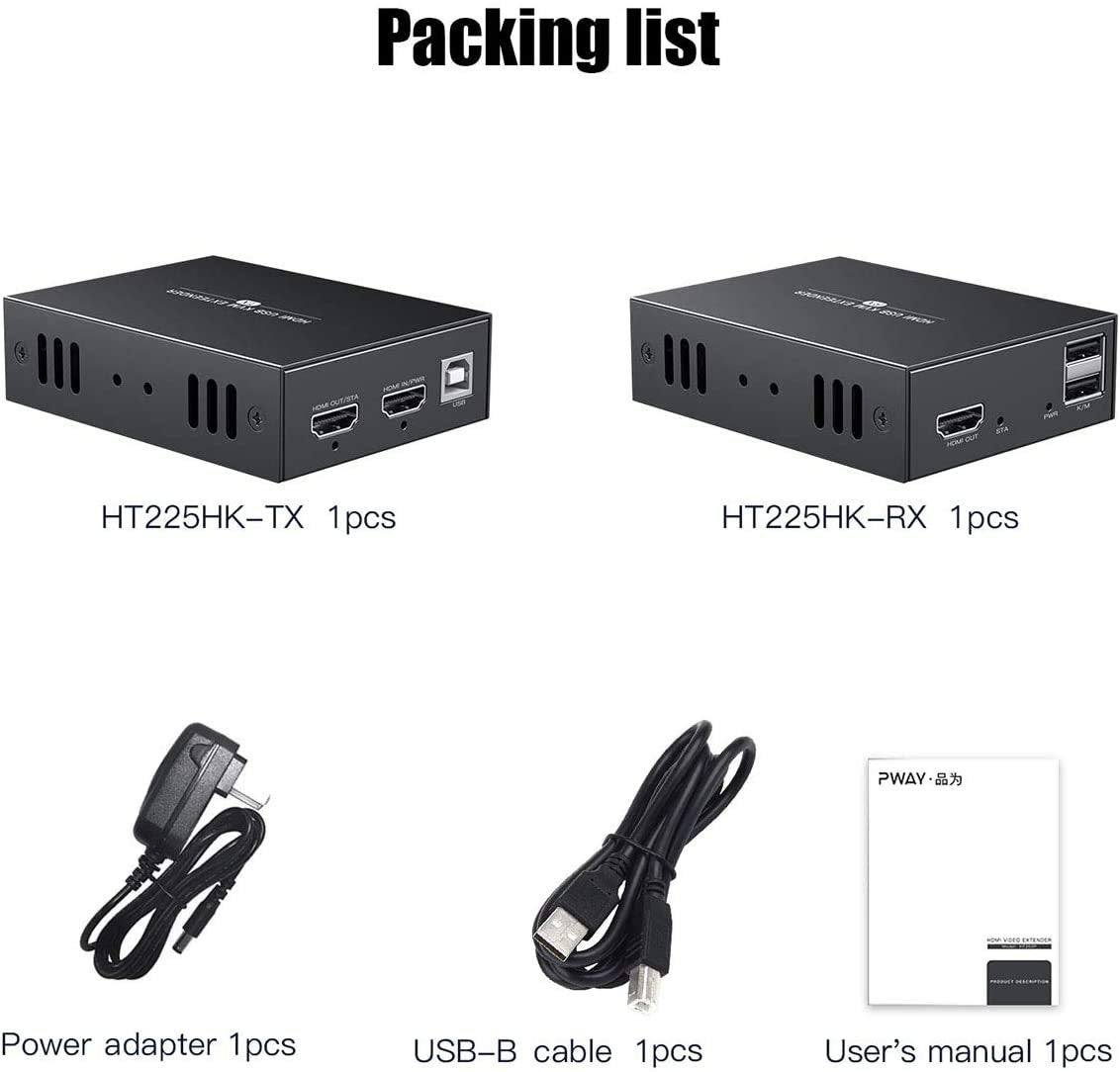 PWAY HDMI KVM Extender 1080P @ 60Hz Over Single Cat5E/6/7 Ethernet Cable Up to 50m/165ft with Loop Out & POC Function - USB Keyboard Mouse Support