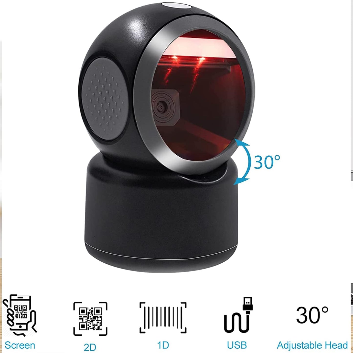 2D QR Barcode Scanner Omnidirectional Hands-Free Automatic Barcode Reader for Mobile Payment Computer Screen ScanMeters