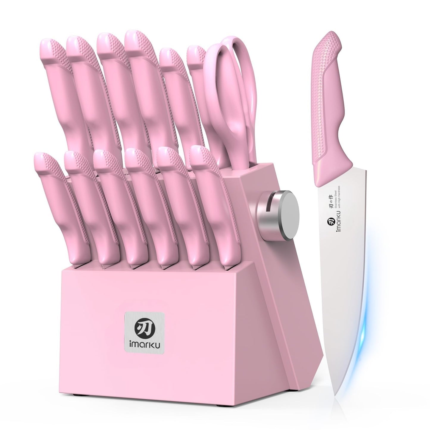 imarku Knife Set with Block, Sharp Knife Set with Built-in Sharpener, 14 PCS Japanese Stainless Steel Kitchen Knife Set, Dishwasher Safe, Pink, Ideal Home Cooking Gift for Mom
