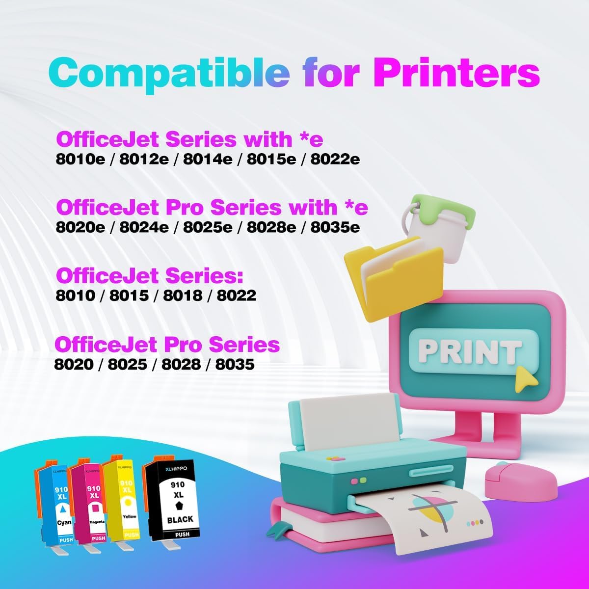 910XL Ink Cartridges for HP Printers 8015e 8025e 8010 8020 Series Replacement for HP Ink 910 XL Work with Office Jet 8022e OfficeJet Pro 8028e 8035e 8010e 8025 8035 8028 (Black and Color 4 Pack)