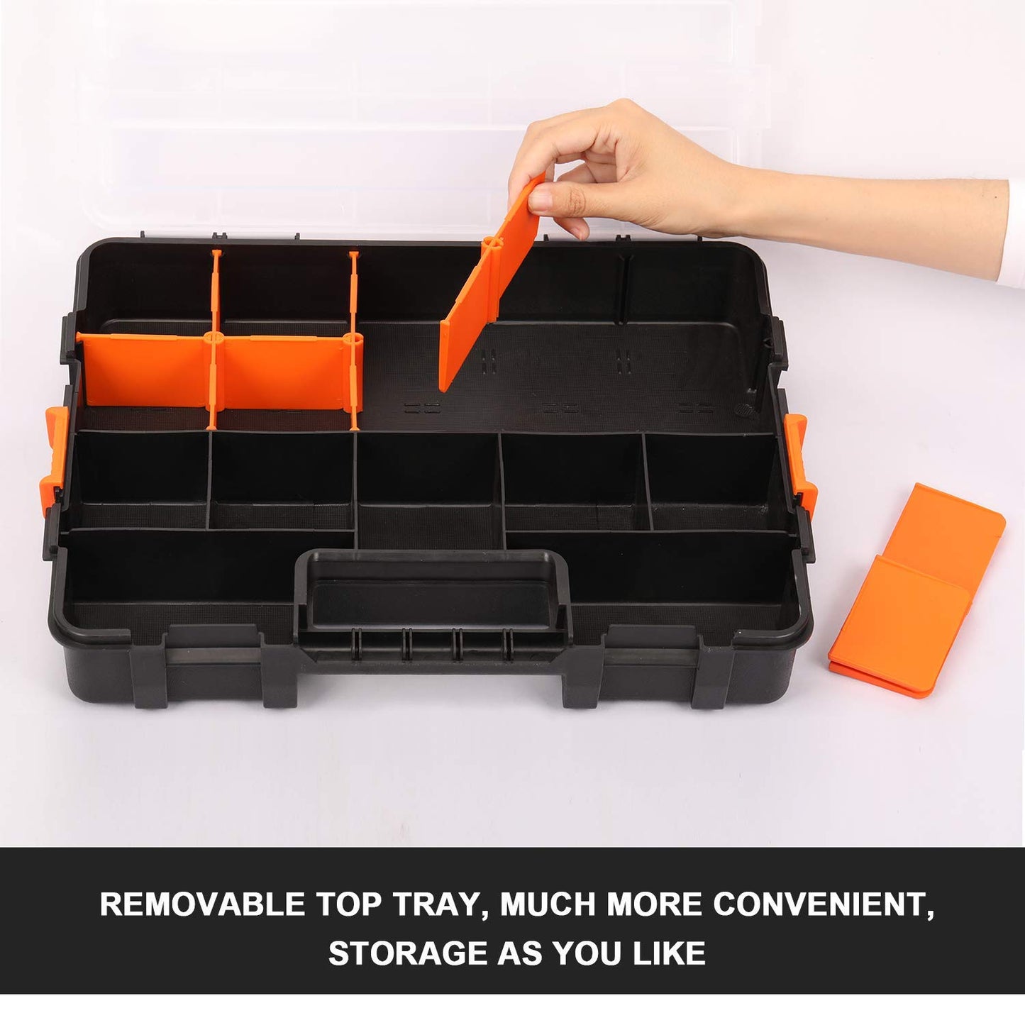 Makitoyo Tool Box Organizers, Interlocking Black Small Parts Organizer for Fasteners, Parts and Crafts w/Removable Dividers, 2 Pieces Pack, Black & Orange