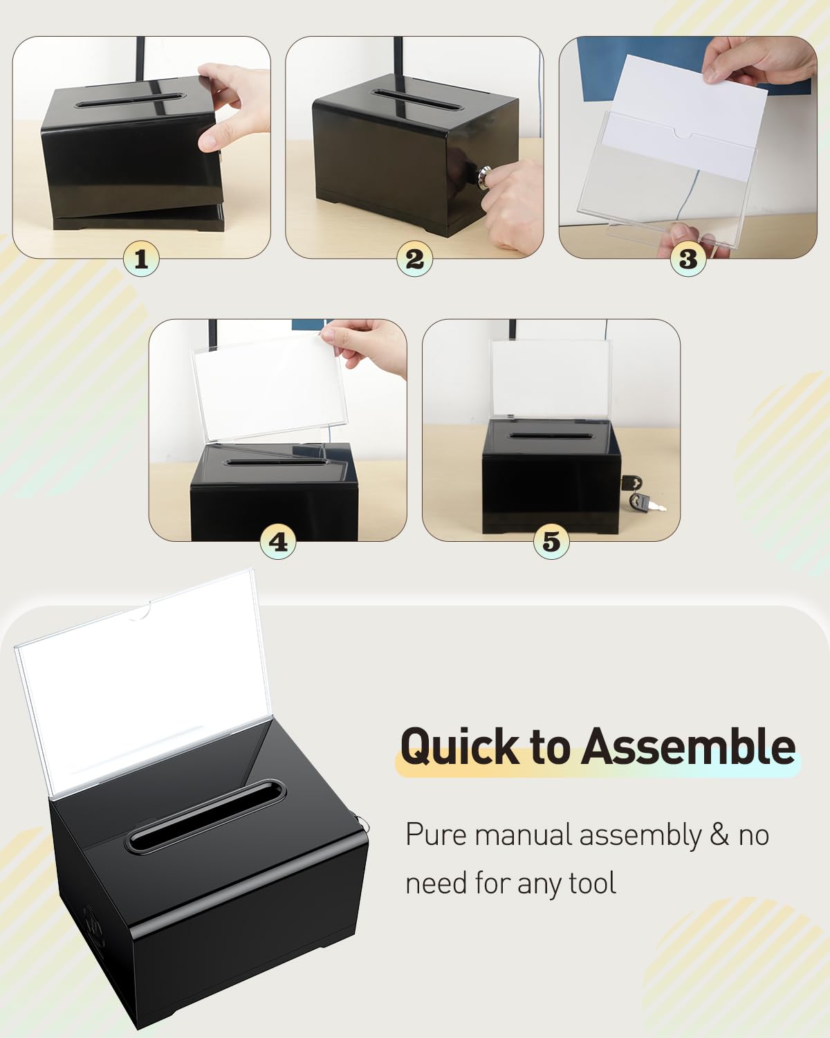 Uniclife 3 Pack Black Acrylic Donation Box for Fundraising Suggestion Box with Slot and Lock Plastic Ballot Box with Sign Holder Storage Container for Voting Charity Tip Collection, 6.2" x 4.7" x 4"