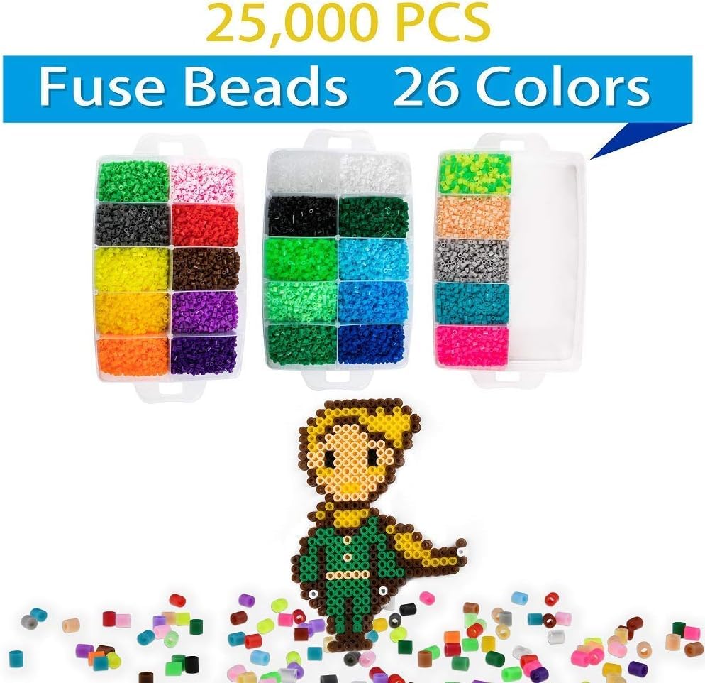 25,000 pcs Fuse Beads Kit 26 Colors 5MM, Including 127 Patterns, 4 Big Square, 1 Heart Pegboards, 1 Flower Ironing Paper, Tweezers, Beads Compatible by INSCRAFT