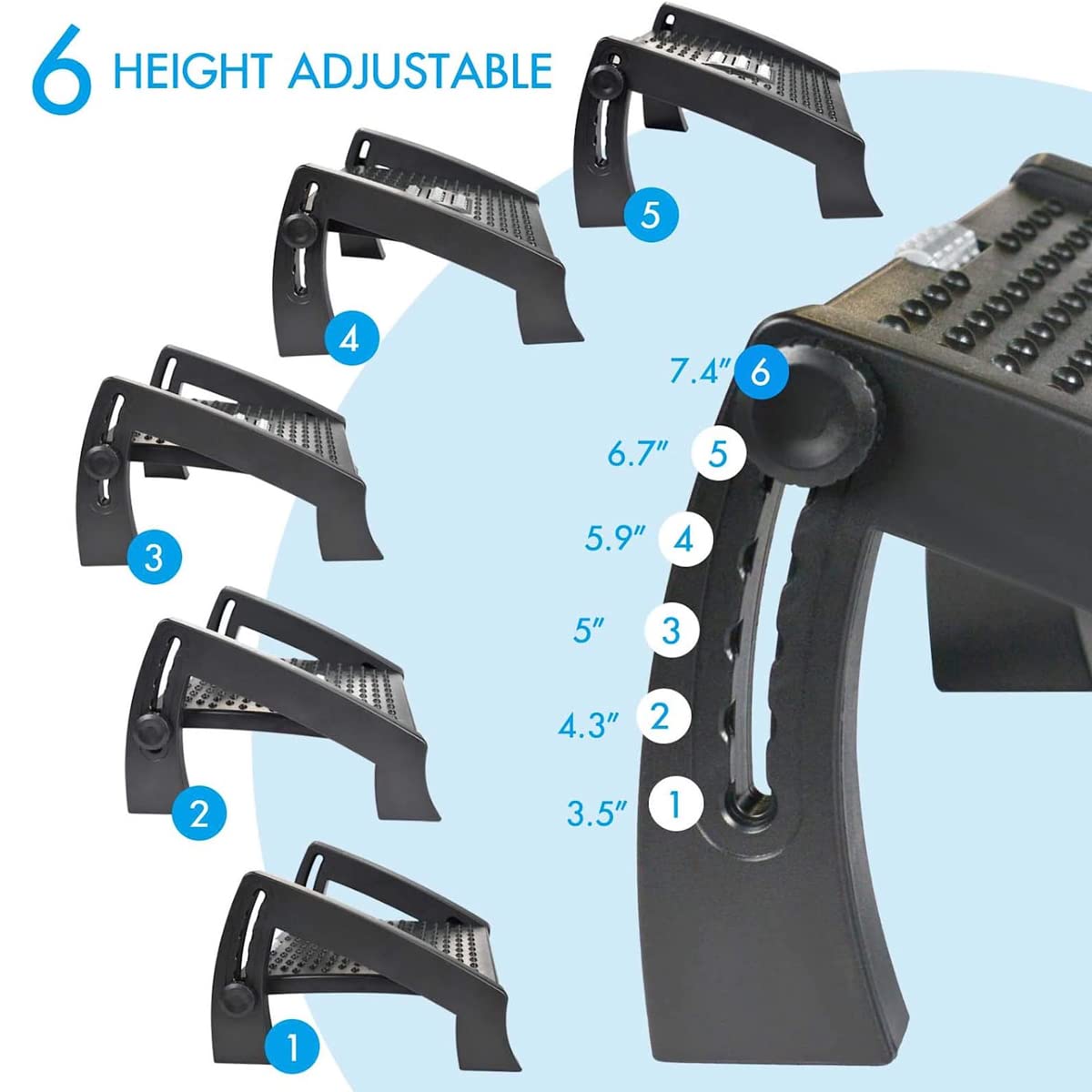 Techson Desk Footrest, Office Massage Texture and Roller Foot Rest with Non-Slip Legs, Ergonomic Adjustable 6 Height Tilting Foot Stool for Home, Office