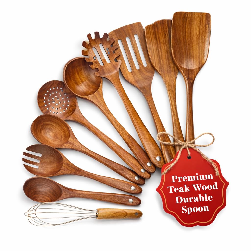 Wooden Spoons, 10 pcs Wooden Utensils for Cooking, Teak Wooden Spoon Set, Non-Toxic, Lightweight & Heat Resistant for Nonstick Pans & Cookware with Holder, Spoon Rest & Hooks.