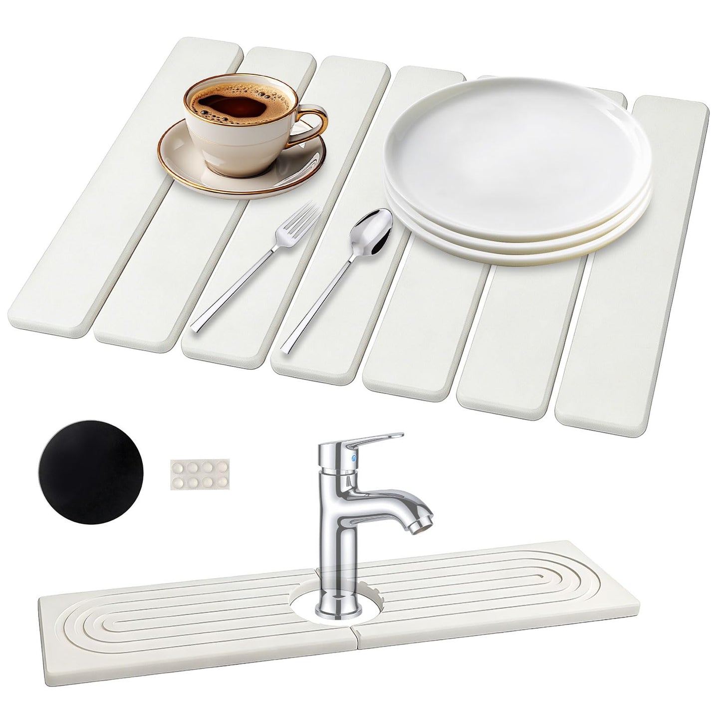 Stone Drying Mat Kitchen 2Pcs Set, Foldable Faucet Mat & Countertop Absorbent Pad Diatomaceous Earth Dish Drying Mat Suitable for Kitchens, Bathrooms & Vanities