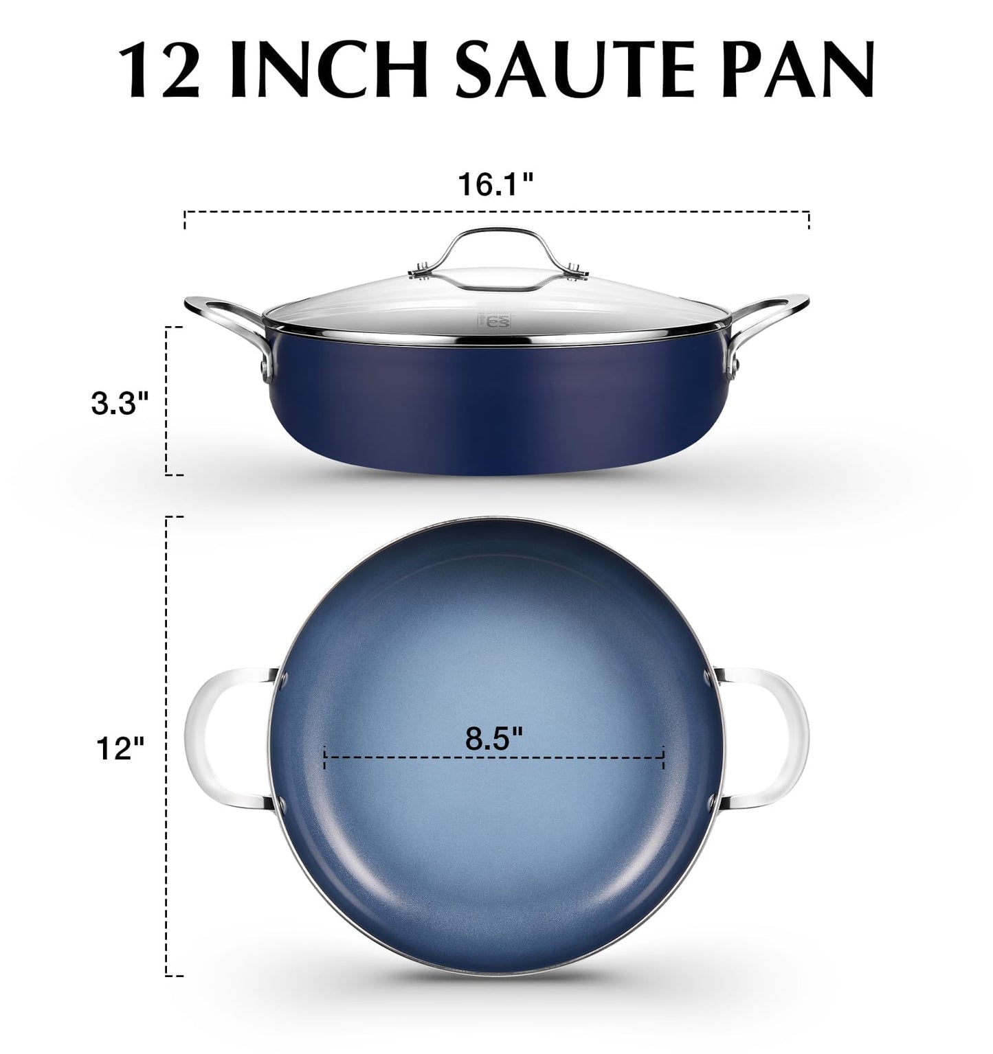 KOCH SYSTEME CS 12 Inch Nonstick Deep Frying Pan with Lid, 5.5 Quart Double Handled Saute Pan, Large Ceramic Skillet Pan, Dishwasher & Oven Safe, Induction Compatible, Toxin-Free, Blue