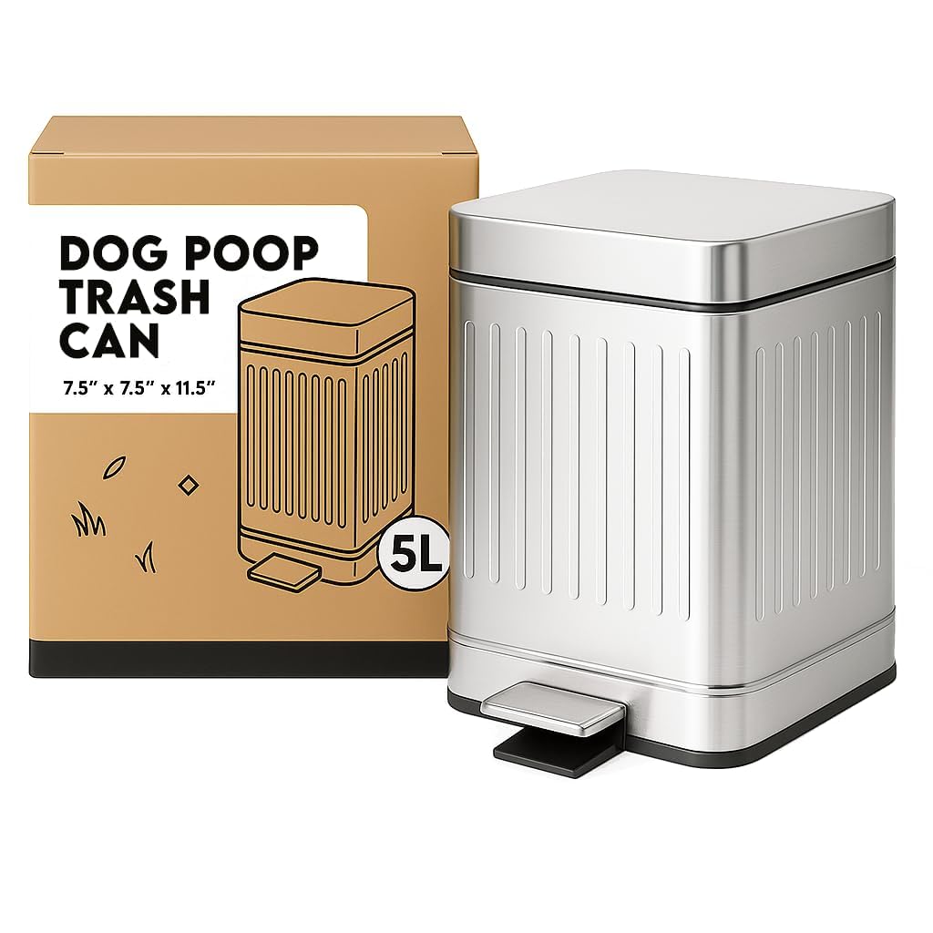 AnimoGoods Stainless Steel Dog Waste Bin, 1.3 Gal, Outdoor, Odor Control, Hands-Free, Soft-Close Lid, Compact, 4.92L, Steel