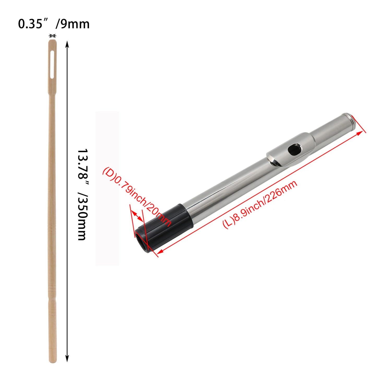 BQLZR Flute Head Joint 8.89" Silver with Wood Flute Stick 13.78" for Repair Pack of 2