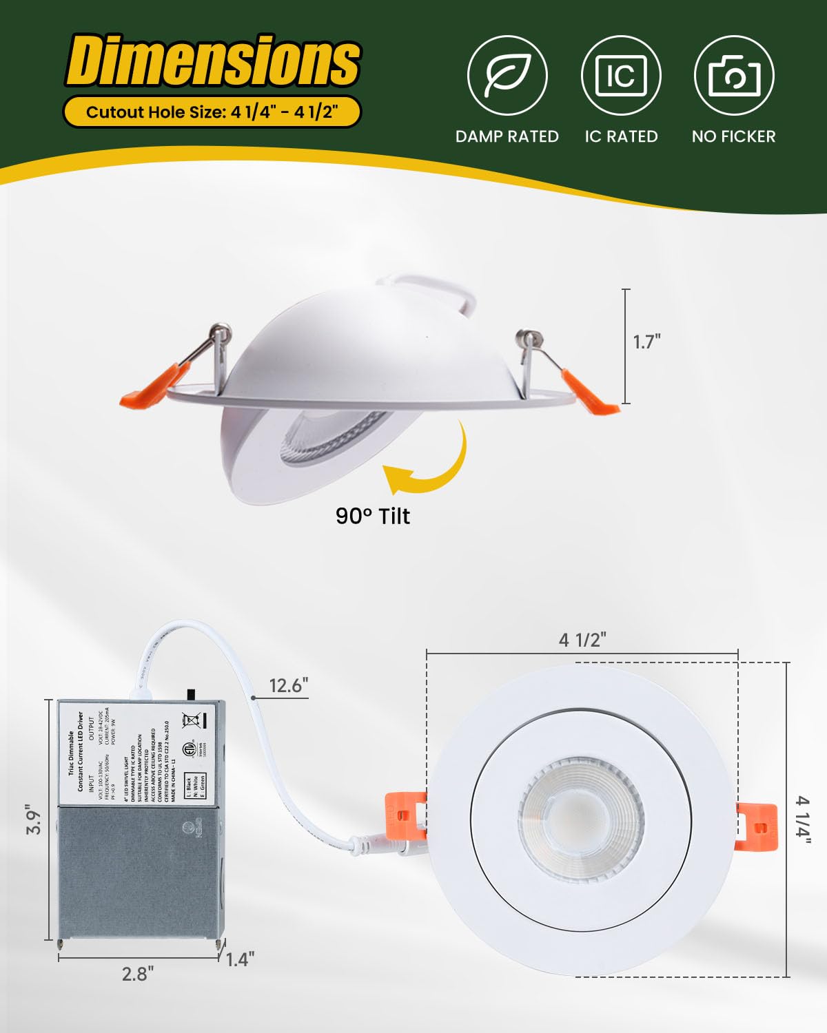ZYC Gimbal LED Recessed Light - 4Inch 9W Adjustable 360° Rotation Adjustable Eyeball Light,LED Swivel Spotlight,Directional Sloped Ceiling Light,Dimmable Canless Wafer Downlight（4 Pack，Black.
