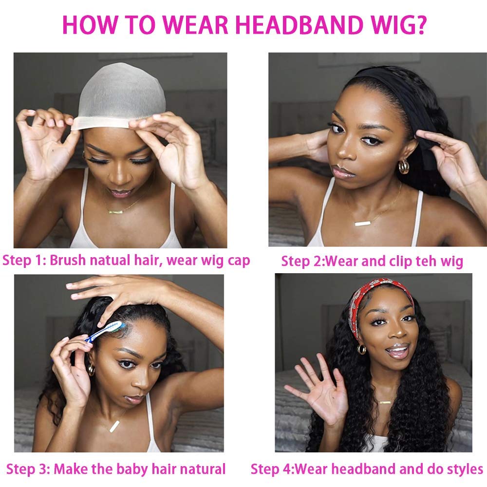 WENYAN Deep Wave Headband Wig Human Hair Wigs for Women Human Hair 16Inch None Lace Front Wigs Perruque Femme Humain Naturel Glueless Real Hair Curly Wave Wig 150% Density