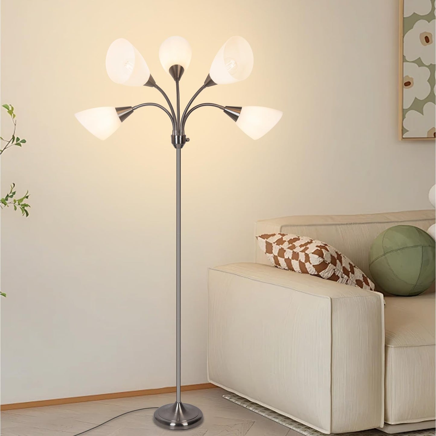 HonoDing Medusa Floor Lamps Standing Lamps 5 Heads Adjustable Reading Light Large Shade Use E26 A19 Bulb Floor Lamps for Living Room Bedroom (Satin Nickel)