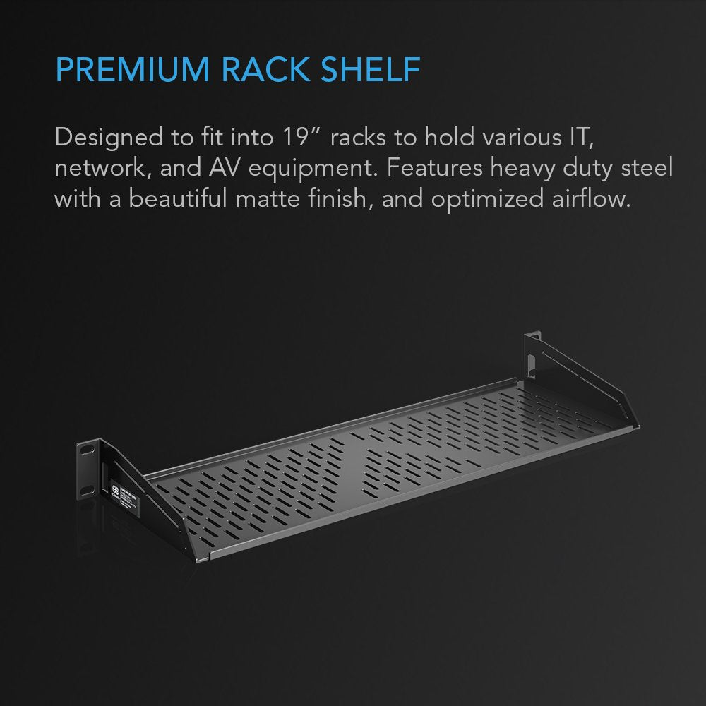 AC Infinity Vented Cantilever 1U Universal Rack Shelf, 6" Deep, for 19” equipment racks. Heavy-Duty 2.4mm Cold Rolled Steel, 40lbs Capacity