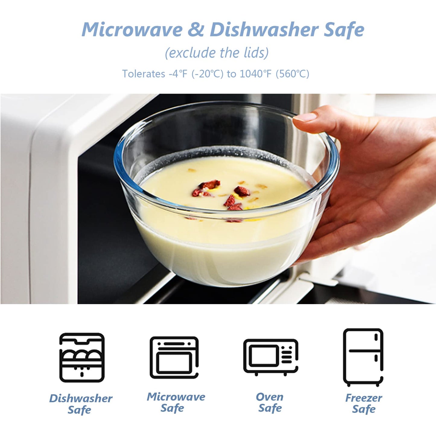 Whiterhino Glass Mixing Bowls with Lids Set of 3（4.5QT,2.7QT, 1.1QT, Large Clear Salad Fruit Nesting Bowl for Cooking,Baking,Prepping,Serving and Storage,Dishwasher and Microwave Safe