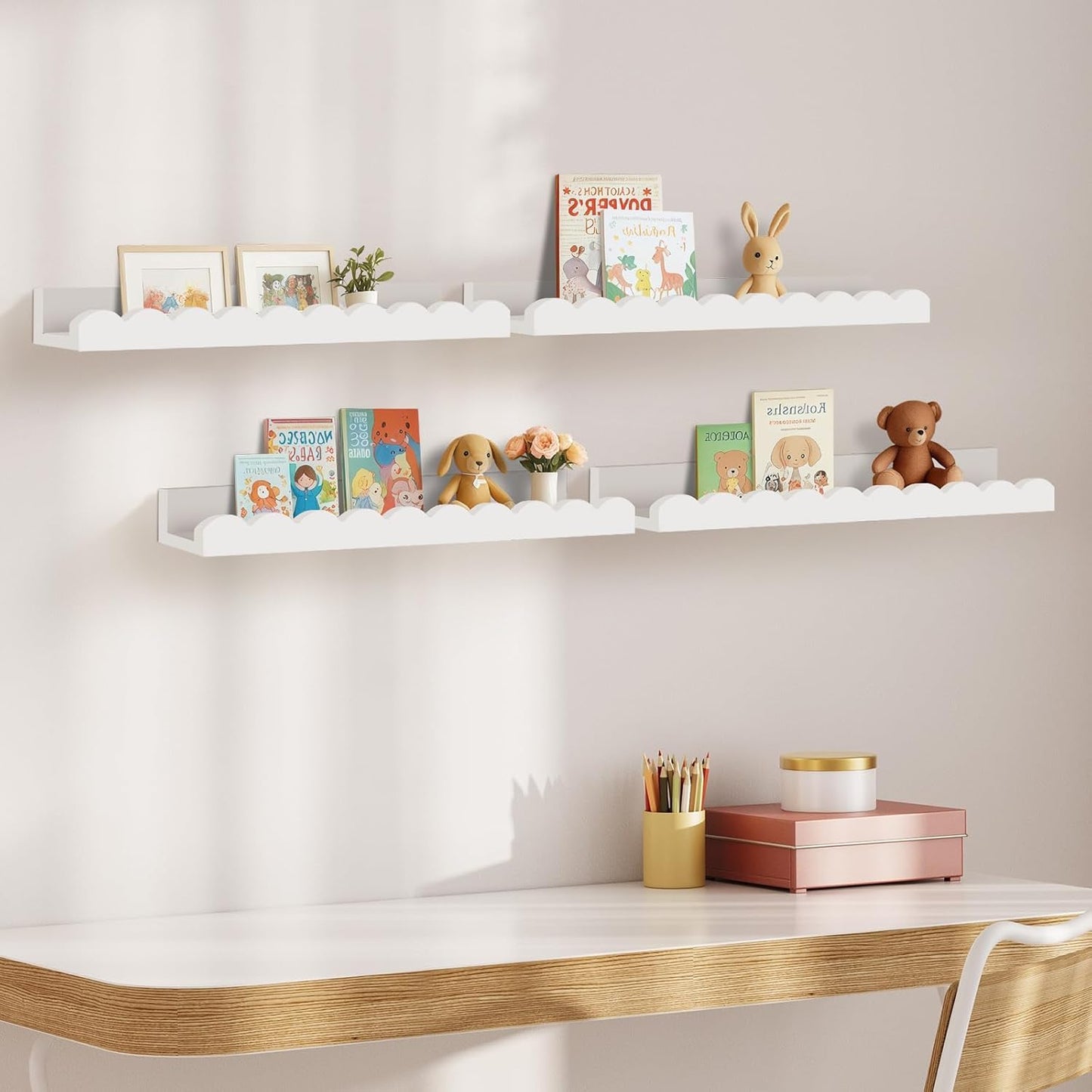 Yirilan Nursery Book Shelves, White Floating Shelves for Wall, Scalloped Shelves for Bedroom Kids, Toddler Room, Baby Room, Nursery Decor(4-Pack)