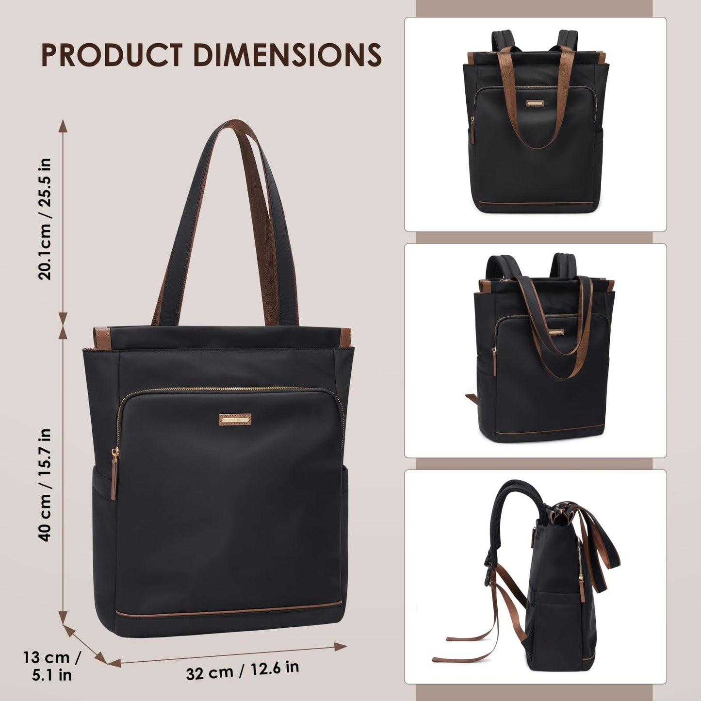 Convertible Laptop Backpack for Women Casual Daypack Notebook Tote Bag for Work College Travel Leisure (Black)