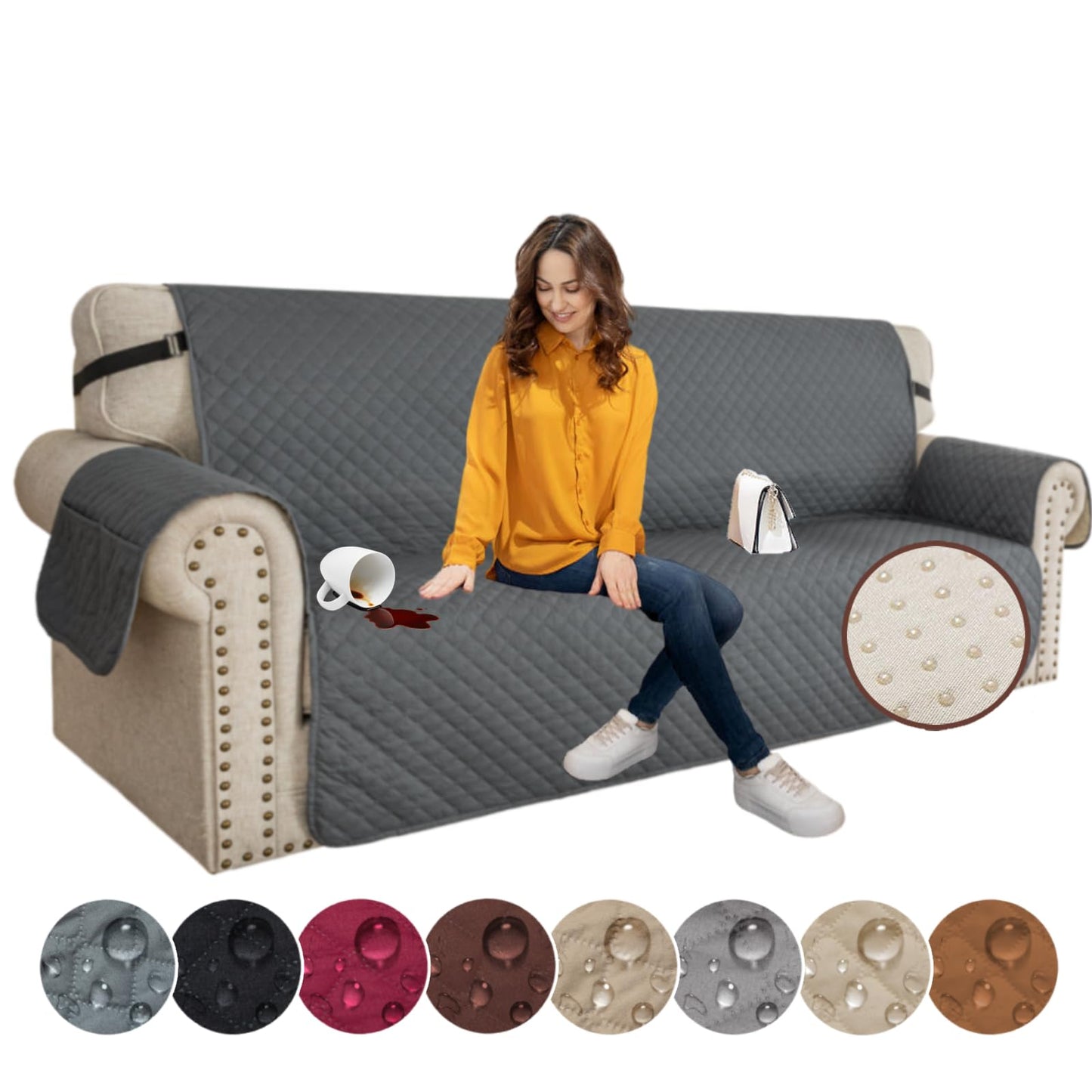 XINEAGE Couch Covers for 3 Cushion with Pockets and Non Slip Straps Water Resistant Sofa Slipcovers for Living Room Soft Thick Furniture Protector for Pets Dogs Kids (Large, Dark Gray)