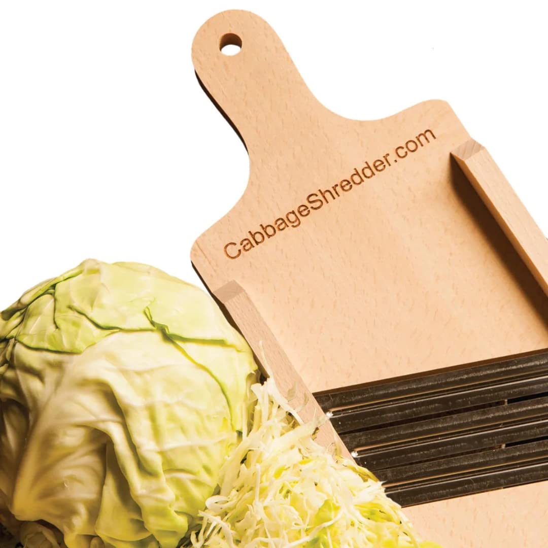 Wooden Cabbage Shredder, Vegetable Slicer for Food Preparation, Sauerkraut, Coleslaw, Salads. Pre-Oiled. Three Blades. A Cut Resistant Glove.