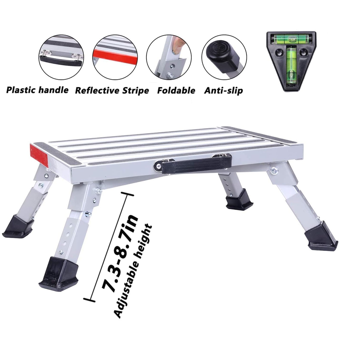Homeon Wheels Stable RV Steps Adjustable Height Aluminum Folding Platform Step with Non-Slip Rubber Feet, Reflective Stripe, Handle, RV T Level, More Stable Up to 1000 lbs 16.5" x 12.2" RV Step Stool