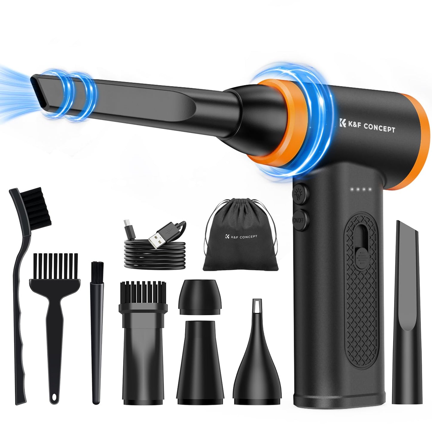 K&F CONCEPT Compressed Air Duster with LED Lights, Powerful Wind Air Blower Electric | Brushless Motor | 5 nozzles 3 Brushes| for PC Computers Keyboard Home Car Pet Hair Cleaning, Inflation, Drying