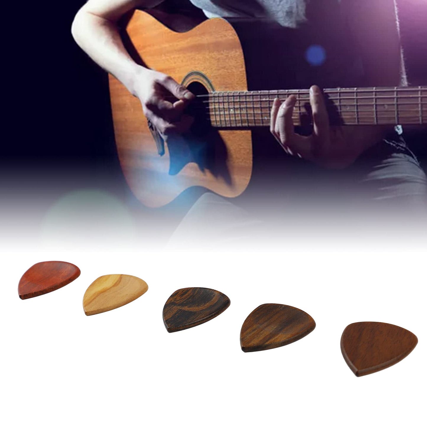 Wooden Pick Box with 5 Picks, and Lightweight, Ideal Gifts for Guitar Lovers, Suitable for Acoustic and Electric Guitars, Ukulele, Mandolin, Banjo