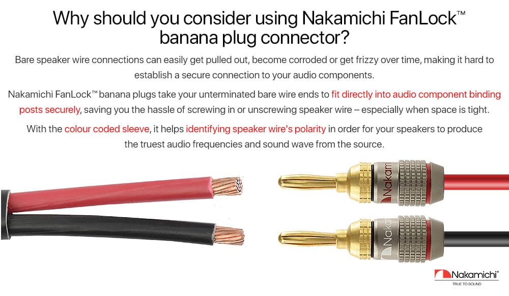 Nakamichi FanLock Excel Series 24k Gold Plated Banana Plug 10 AWG - 18 AWG Gauge Size 4mm for Speakers Amplifier Hi-Fi Stereo Home Theatre Radio Audio Wire Cable Quick Connector, 16 Pcs (8-Pairs)