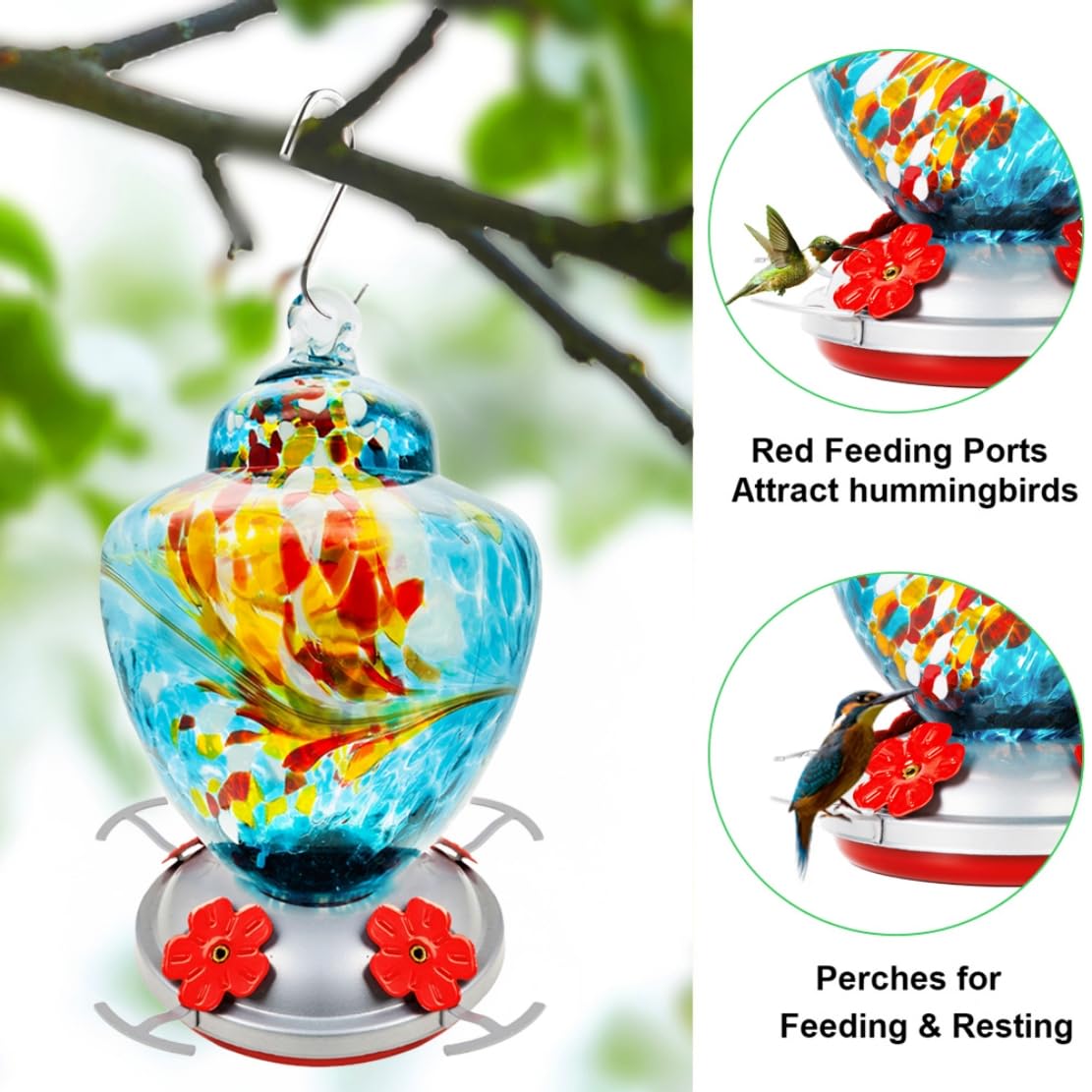 Hummingbird Feeder with Perch - Hand Blown Glass - 38 Fluid Ounces Blue Hummingbird Nectar Capacity Including Hanging Wires and Moat Hook Blue