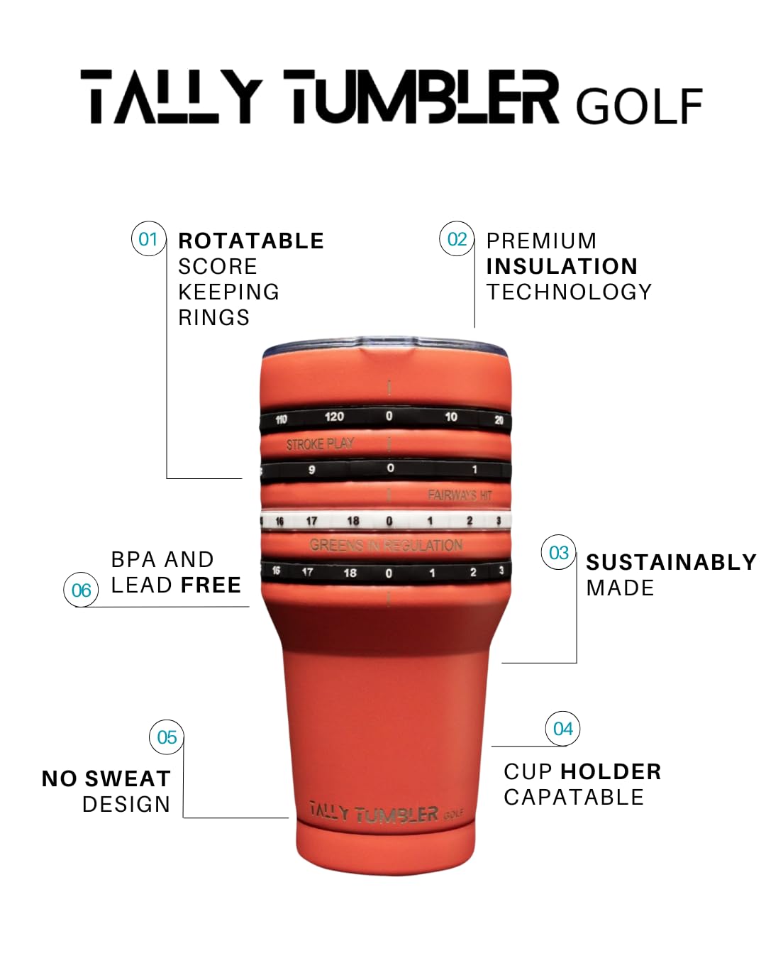 Tally Tumbler Golf Stainless Steel Cup, 30 oz Leak Proof Lid, Double Wall Insulation, Golf Tumbler with Score Keeping Counter (Cart Path Coral)