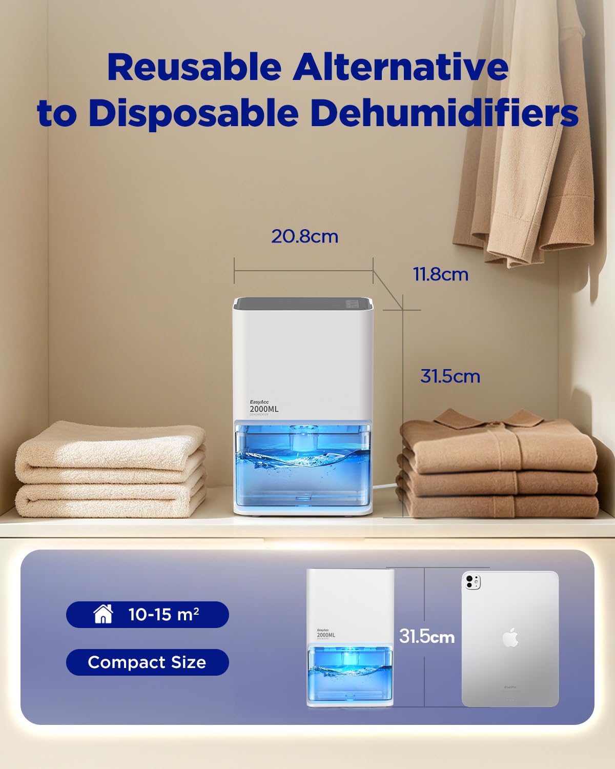 EasyAcc Small Dehumidifier for Closet, 2000ML Tank Deshumidificateur Max 500-650ML/Day-3 Modes Speeds/Ultra Quiet/Auto Defrost 7 Colour LED Light Auto Shut Off - Ideal for Closet RV Small Room