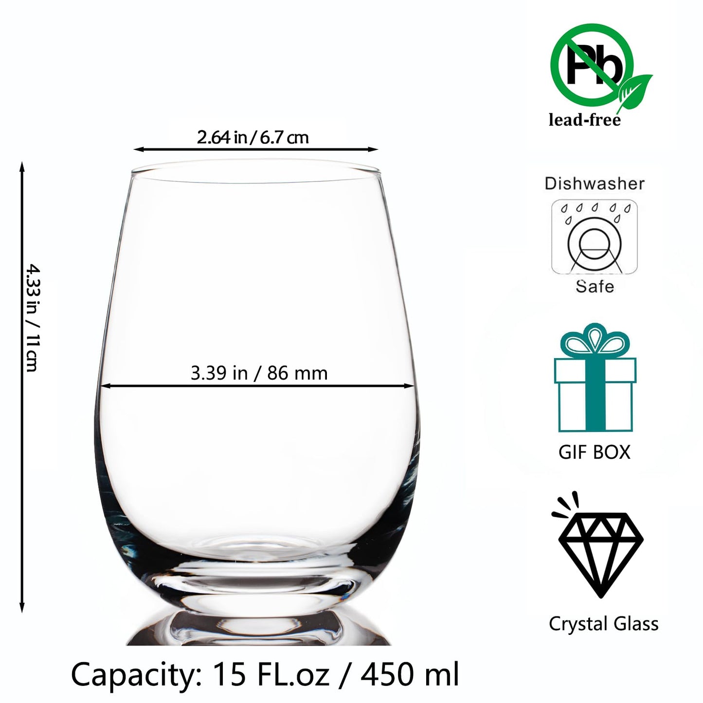 Premium Crystal Stemless Wine Glasses Set of 6, 450 ml Lead-Free Red or White Wine Glass, Water Juice Glasses, All-Purpose Beverage Cups, Clear Drinking Tumblers in Gift Box, Dishwasher Safe