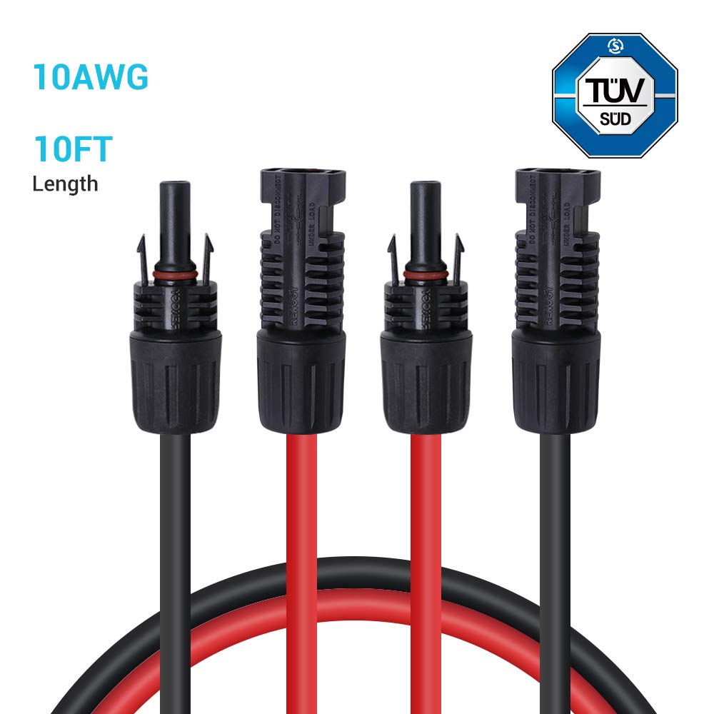 Renogy 10AWG Solar Extension Cable 10FT，MC4 ,10 awg wire with 2 Pair of Panel Connectors（One Pair 10 Feet Red & Black）