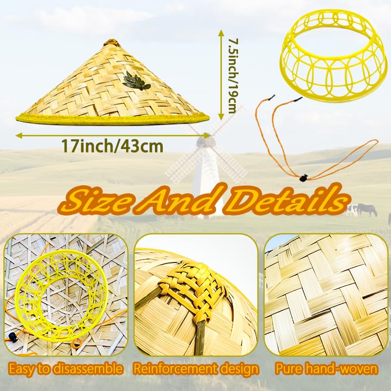 8Pcs Traditional Asian Rice Bamboo Straw Hats 17" Chinese-Vietnamese Style Unisex Outdoor Sun Hats Yellow