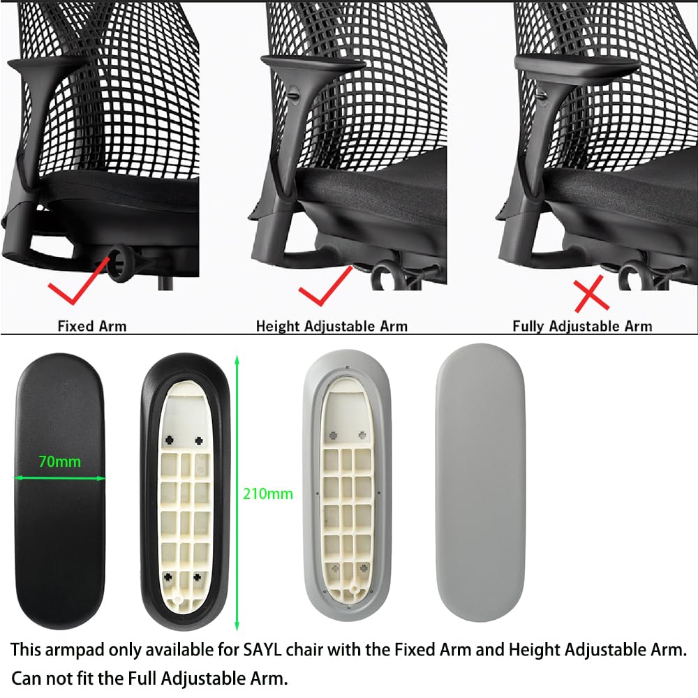 Arm Pads Caps Replacement for Herman Miller Sayl Office Chair, Fixed and Height-Adjustable Armrest, Light Gray Vinyl (1-Pair)