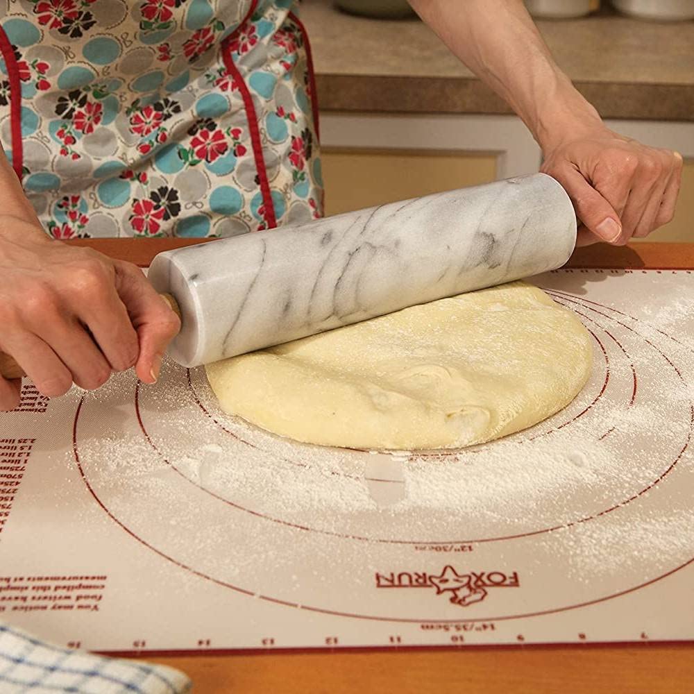 Fox Run Polished Marble Rolling Pin with Wooden Cradle, 10-Inch Barrel, White
