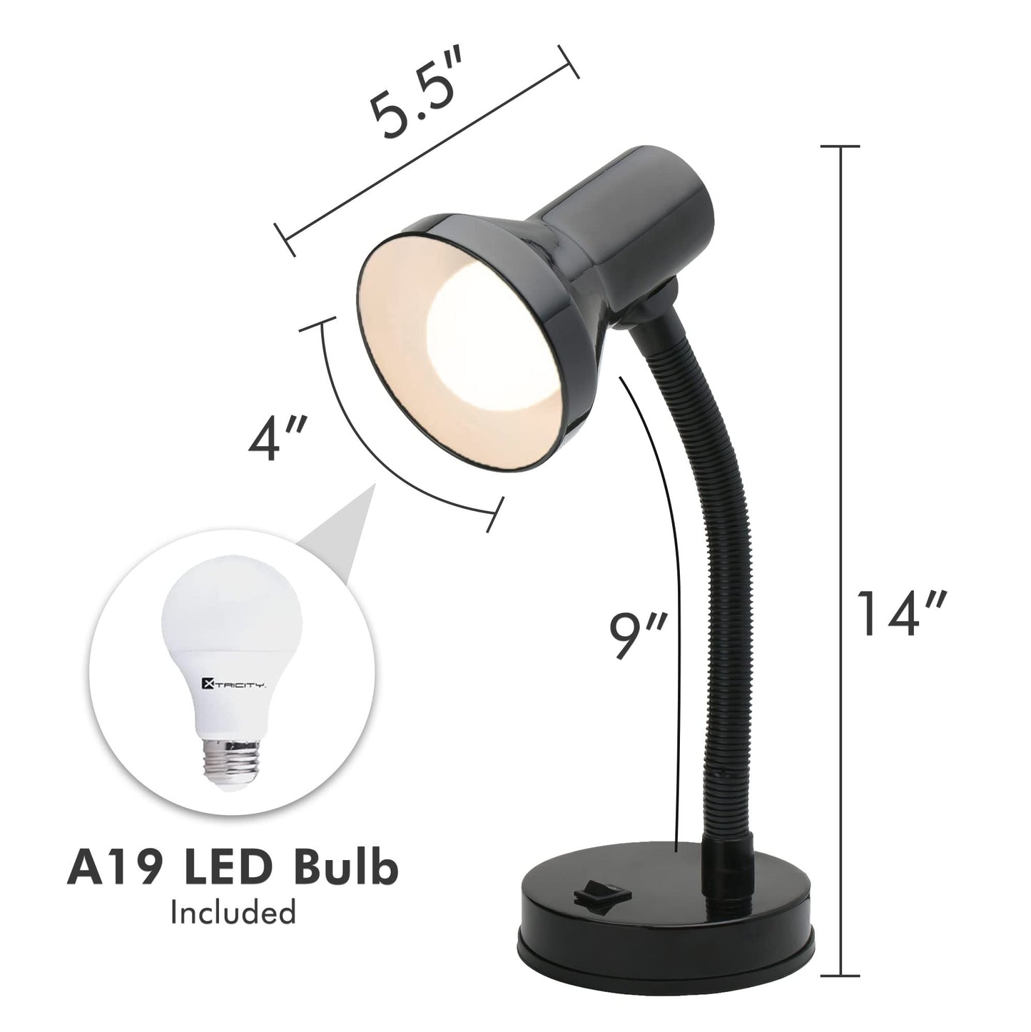 Xtricity LED Desk Light, 360° Adjustable Gooseneck, Home and Office Lamp with 7W A19 Bulb, 120V, On/Off Switch, 14” Height - Reading Lamps for Bedside Table, College Dorm (Black Finish)