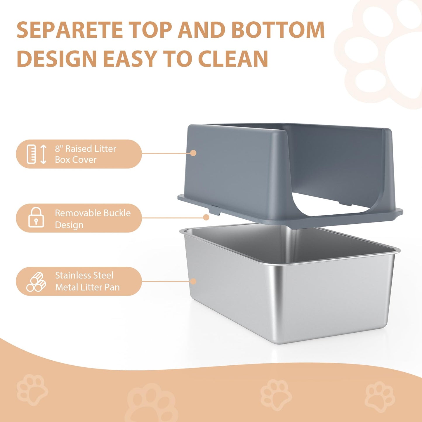 LIHOOOOM Enclosed Cat Litter Box,High Sided Stainless Steel Litter Box Anti-Leakage,Non-Stick Extra Large Litter Box with Lid,23.5" L x 15.5" W x 16" H(Grey)