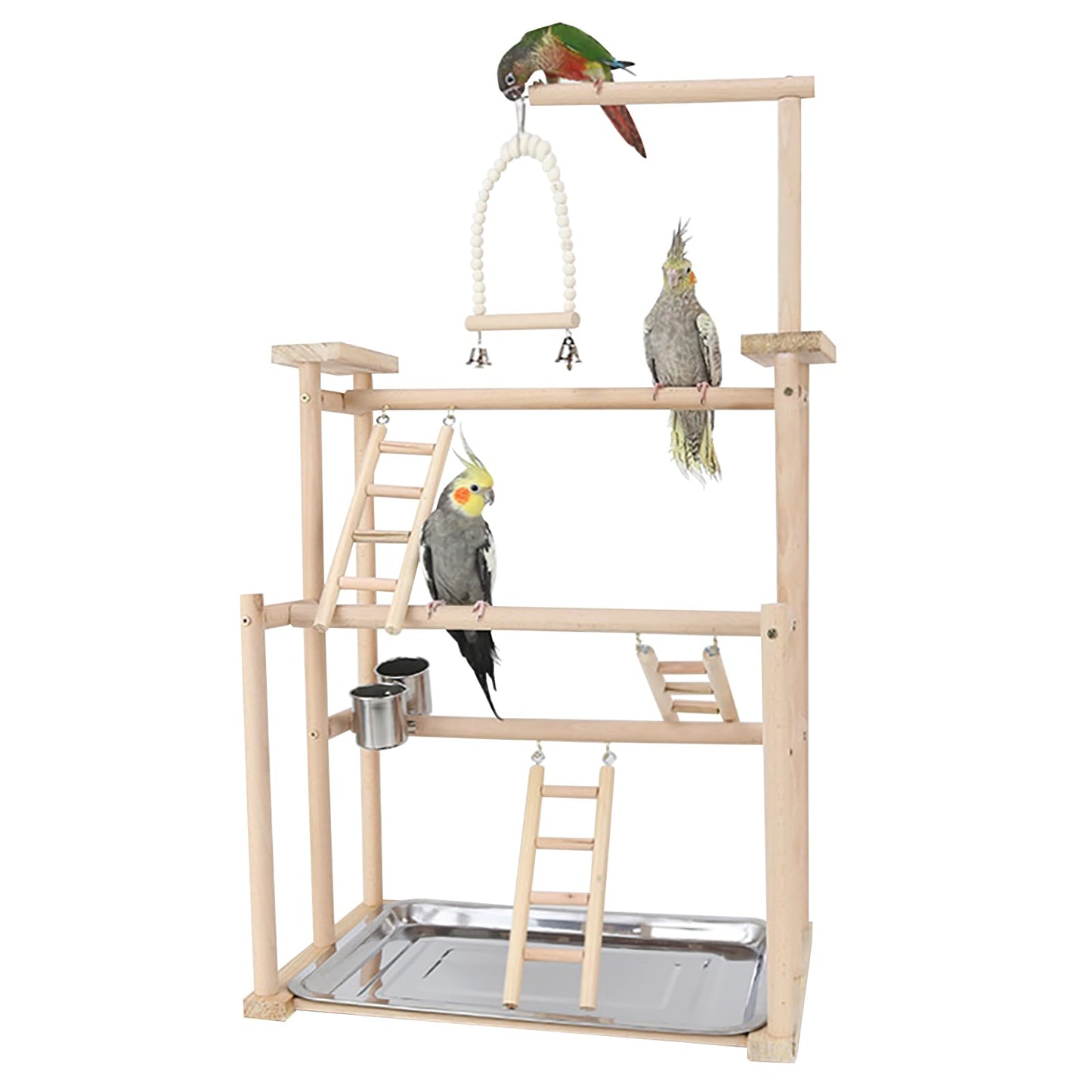 RoseFlower Wooden Bird Playground, Parrot Playstand with Perches, Ladder, Swing, Feeder Cups, Tray for Conure, Parakeets, Budgie, Cockatiels, Lovebirds