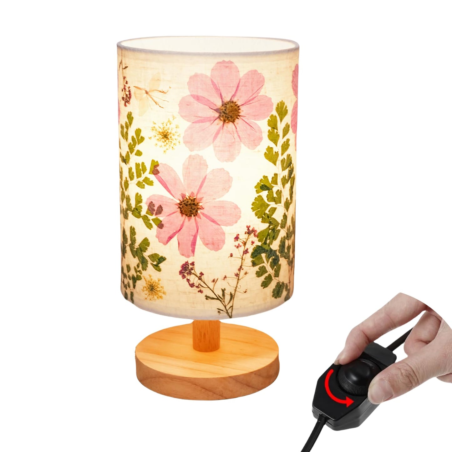 Floresita Dried Flowers Table Lamp 9W LED Dimmable Warm Light Pressed Flower Bedside Lamp Linen Shade with Wood Base for Bedroom Living Room Desk Office