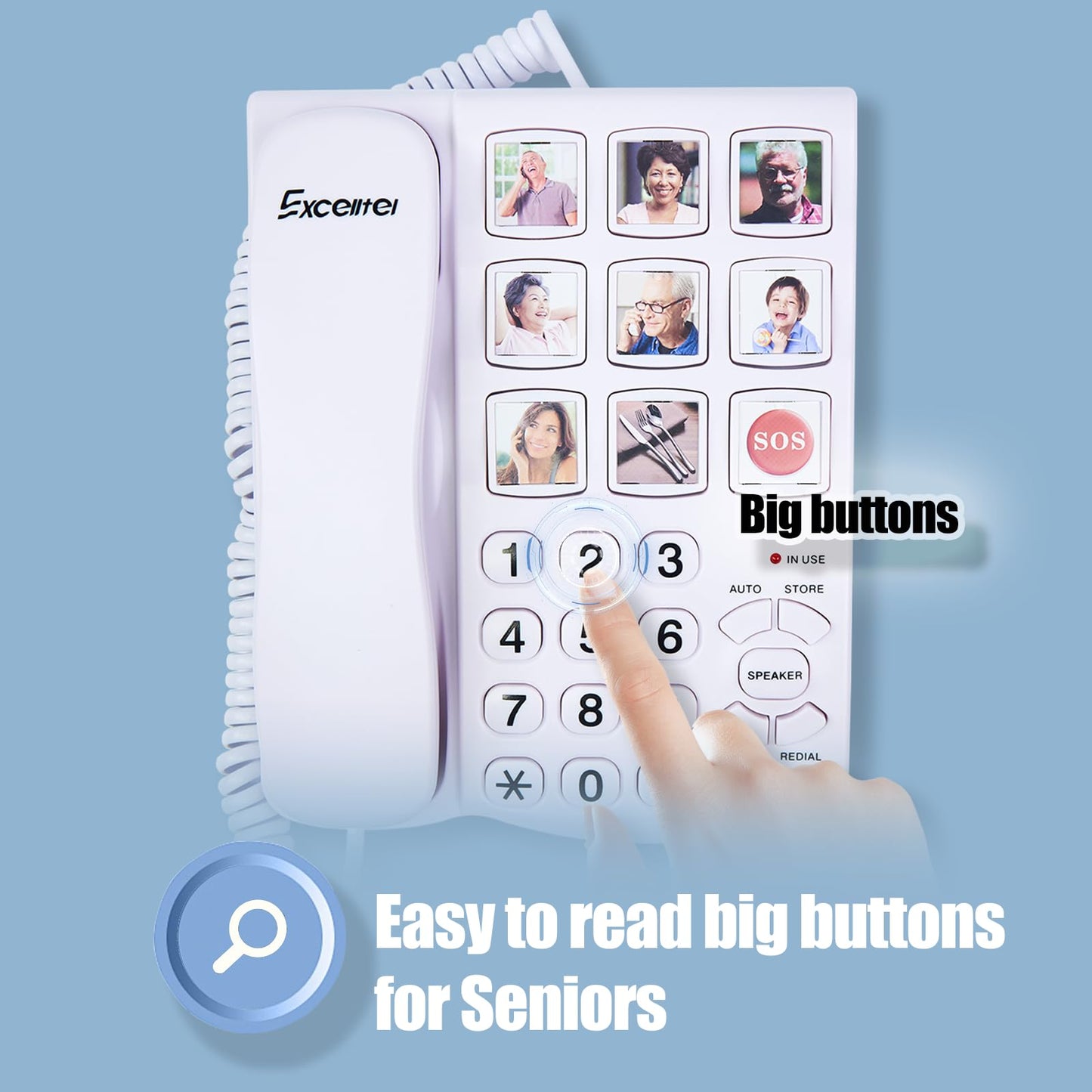 Excelltel Big Button Phone for Seniors, Corded Landline Telephone with Handsfree Function and 9 Groups of Memory, One-Touch Dialling,Suitable People with Vision Disorders/Hearing Damage (EX-LD-858HF)